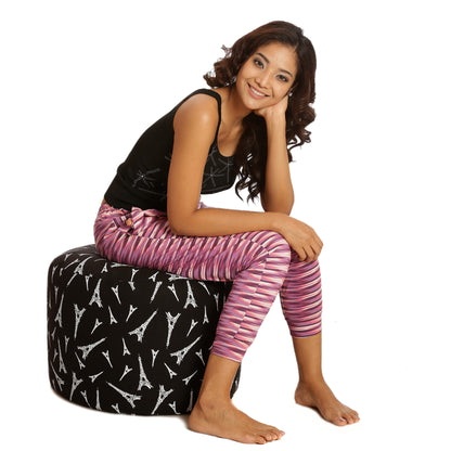 Style Homez Round Ottoman, Cotton Canvas Abstract Printed Bean Bag Stool Large Size Filled with Beans Fillers, Black Color