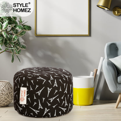 Style Homez Round Ottoman, Cotton Canvas Abstract Printed Bean Bag Stool Large Size Filled with Beans Fillers, Black Color