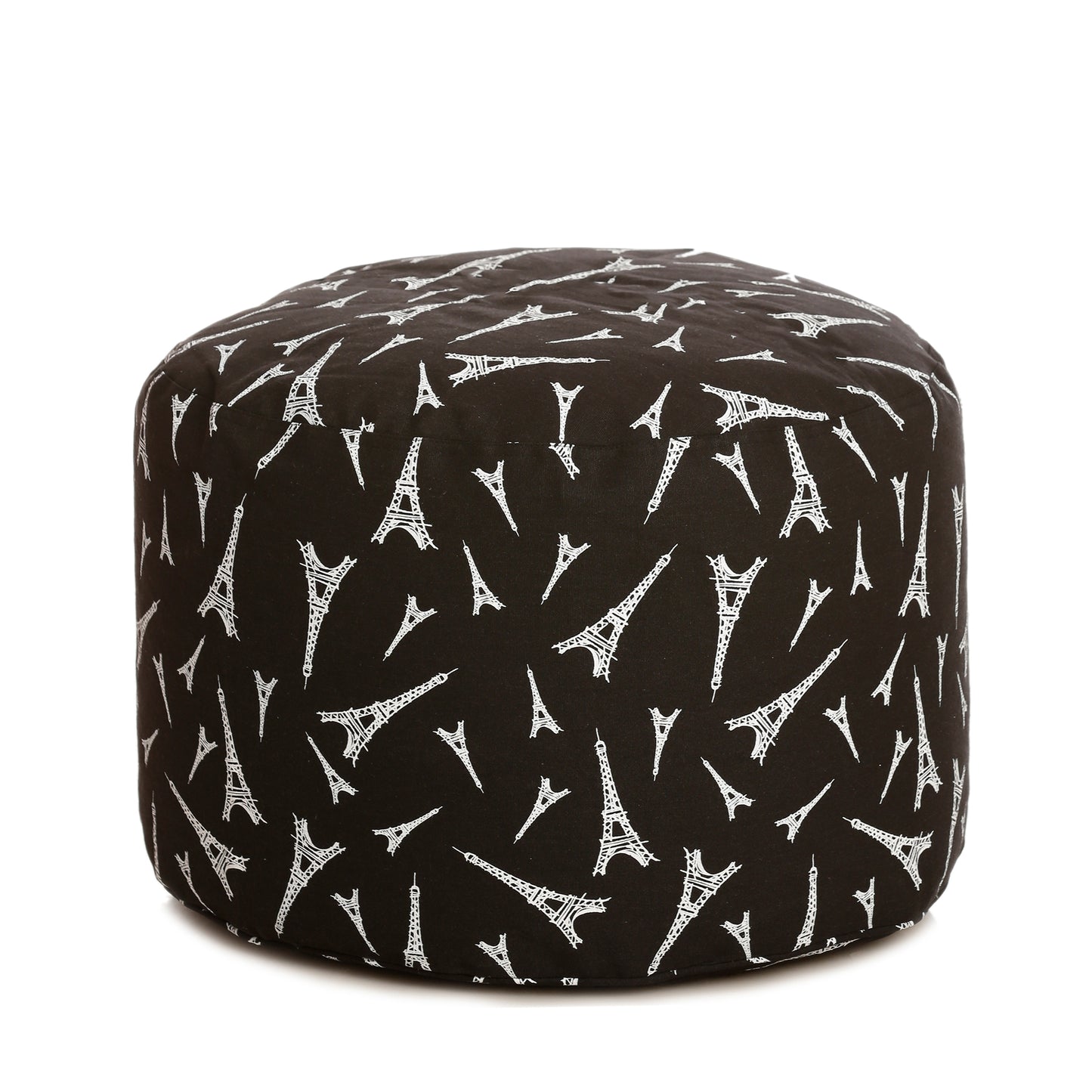 Style Homez Round Ottoman, Cotton Canvas Abstract Printed Bean Bag Stool Large Size Filled with Beans Fillers, Black Color