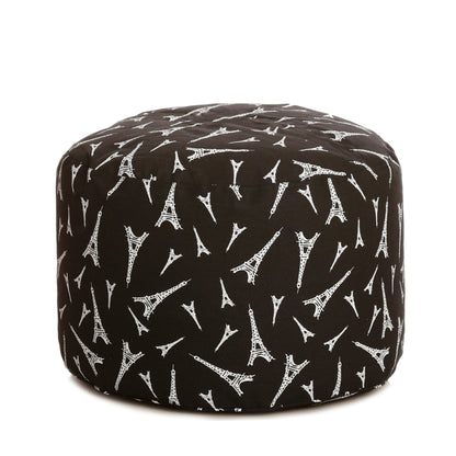 Style Homez Round Ottoman, Cotton Canvas Abstract Printed Bean Bag Stool Large Size Filled with Beans Fillers, Black Color