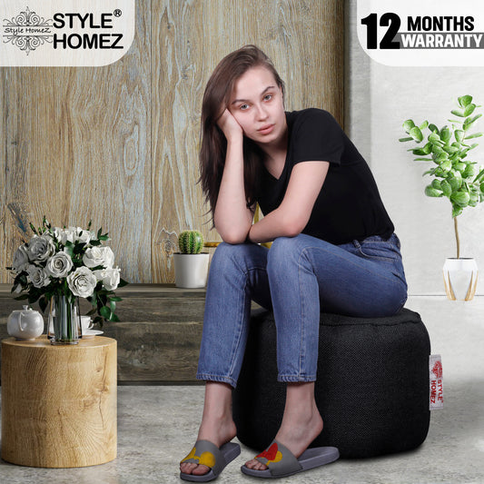 Style Homez ORGANIX Collection, Round Poof Bean Bag Ottoman Stool Large Size Black Color in Organic Jute Fabric,  Filled with Beans Fillers
