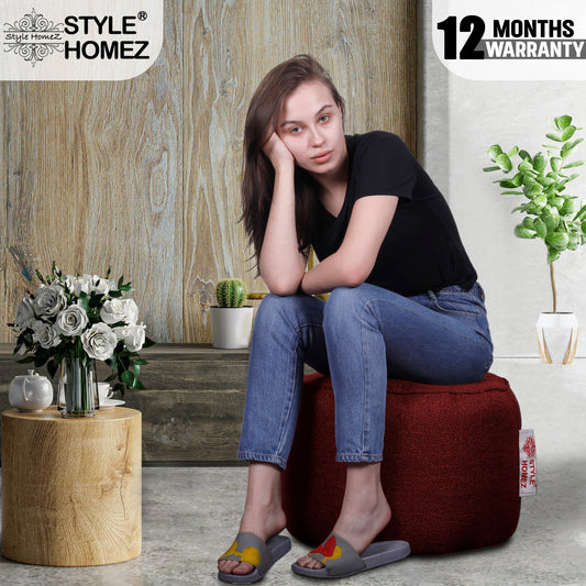 Style Homez ORGANIX Collection, Round Poof Bean Bag Ottoman Stool Large Size Crimson Red Color in Organic Jute Fabric,  Filled with Beans Fillers