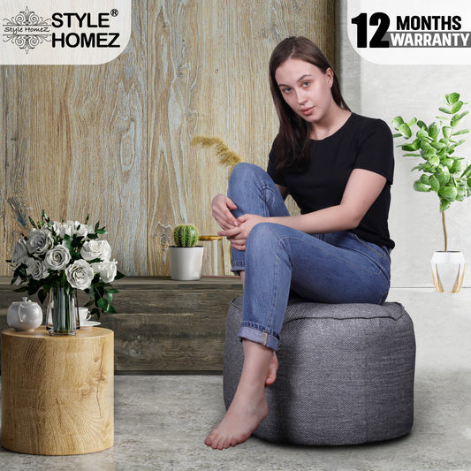 Style Homez ORGANIX Collection, Round Poof Bean Bag Ottoman Stool Large Size Grey Color in Organic Jute Fabric,  Filled with Beans Fillers