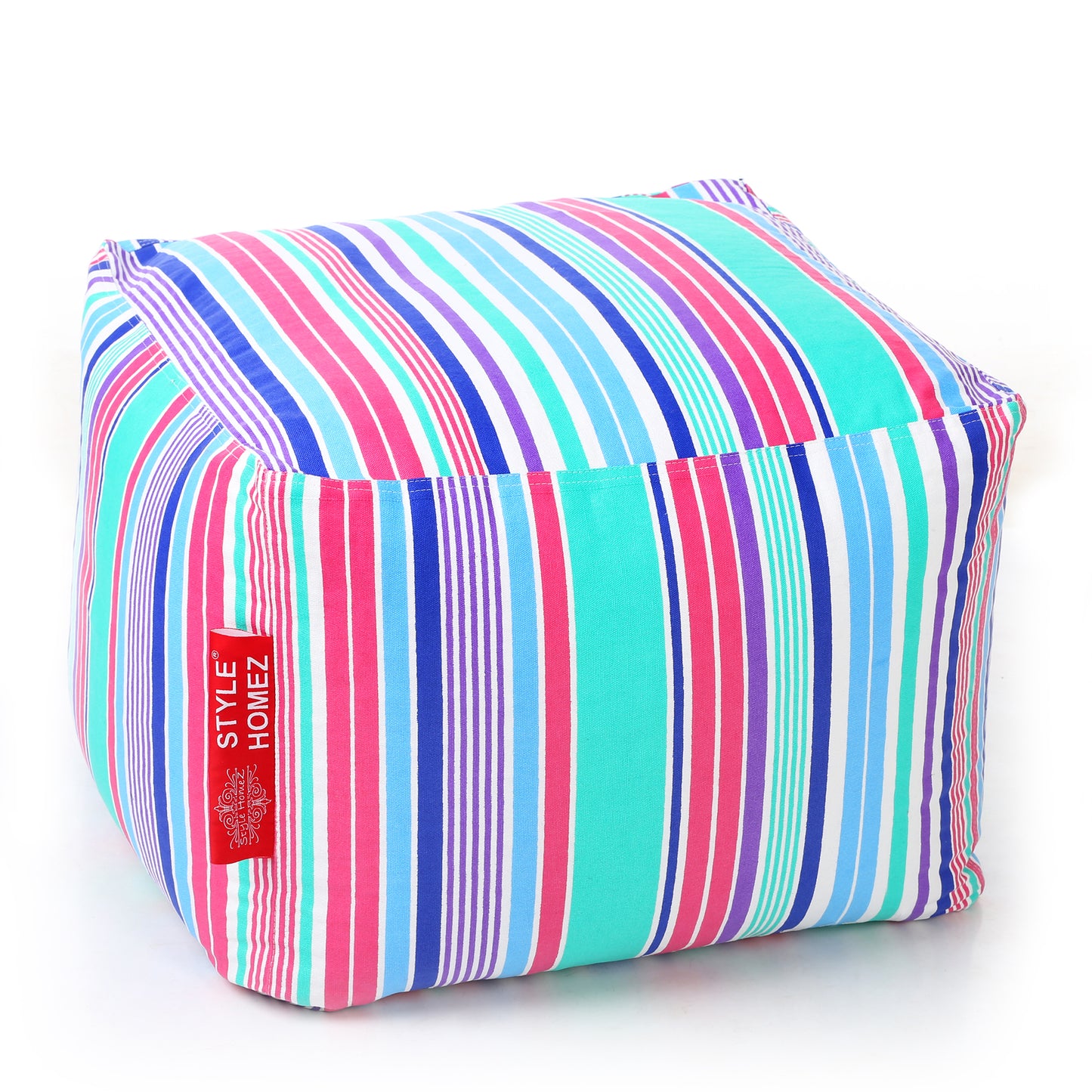 Style Homez Square Ottoman, Cotton Canvas Stripes Printed Bean Bag Ottoman Stool Large Size Filled with Beans, Multi Color
