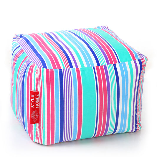 Style Homez Square Ottoman, Cotton Canvas Stripes Printed Bean Bag Ottoman Stool Large Size Filled with Beans, Multi Color