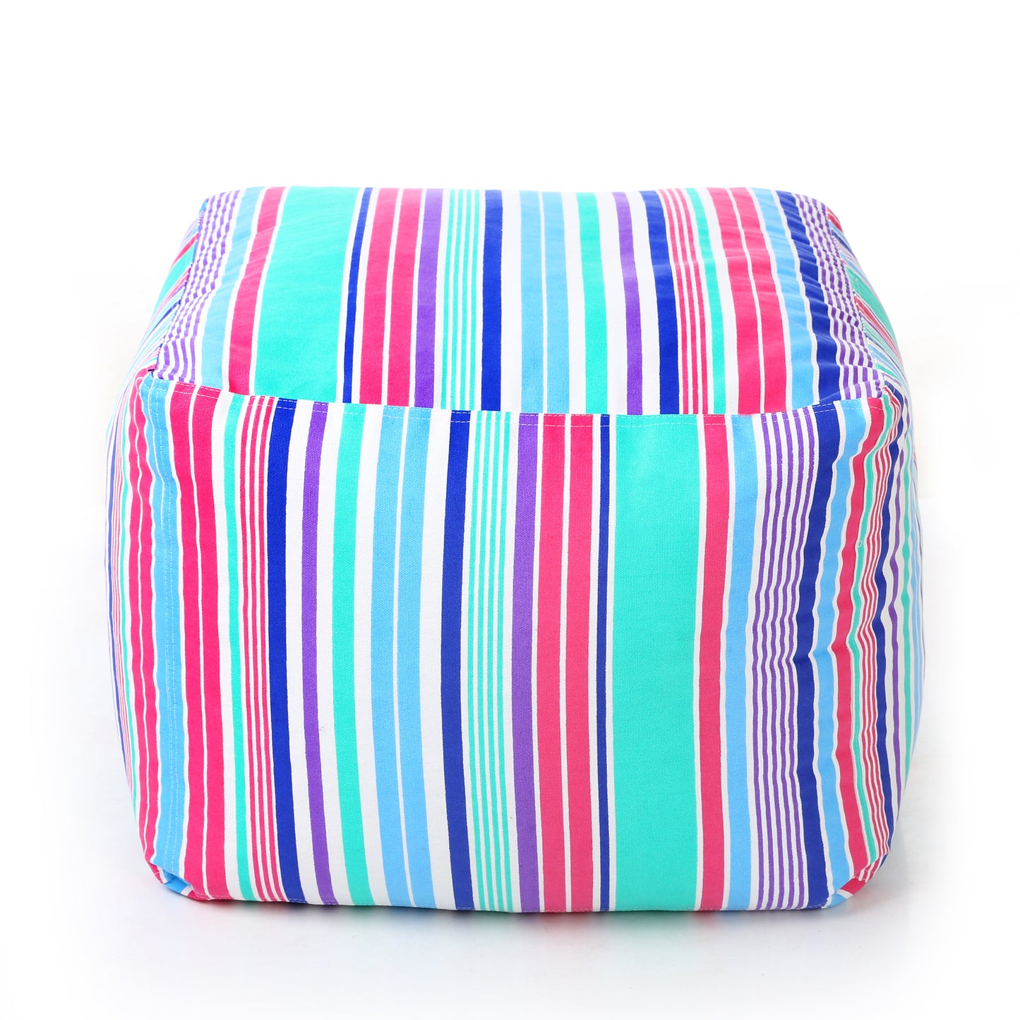 Style Homez Square Ottoman, Cotton Canvas Stripes Printed Bean Bag Ottoman Stool Large Size Filled with Beans, Multi Color