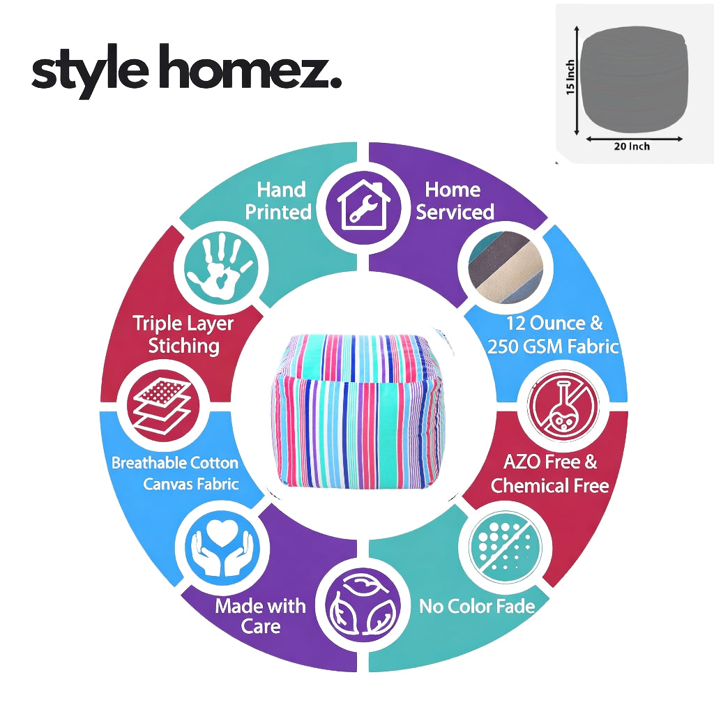 Style Homez Square Ottoman, Cotton Canvas Stripes Printed Bean Bag Ottoman Stool Large Size Filled with Beans, Multi Color
