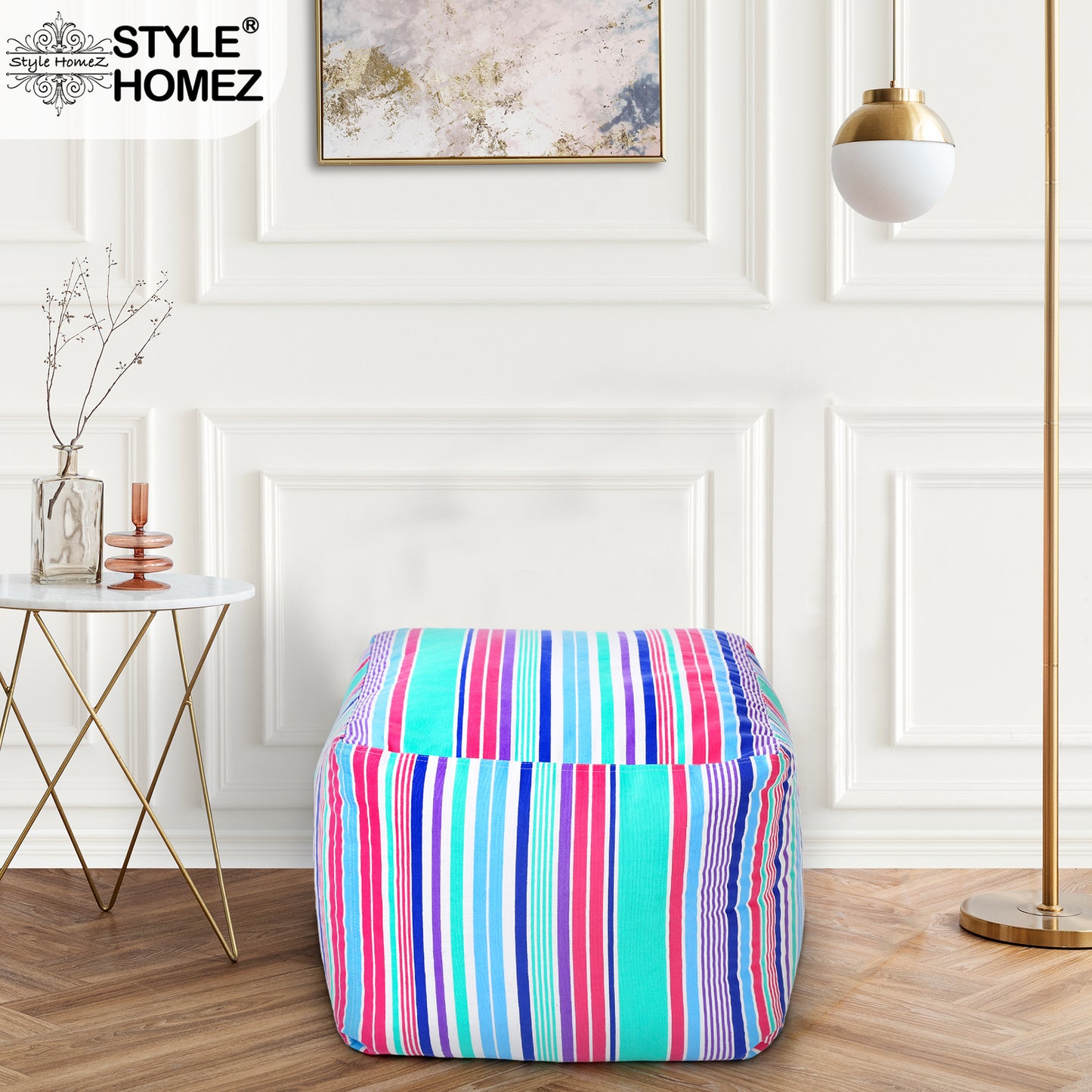 Style Homez Square Ottoman, Cotton Canvas Stripes Printed Bean Bag Ottoman Stool Large Size Filled with Beans, Multi Color