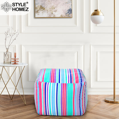 Style Homez Square Ottoman, Cotton Canvas Stripes Printed Bean Bag Ottoman Stool Large Size Filled with Beans, Multi Color