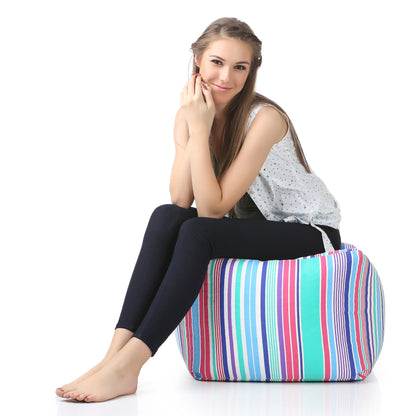 Style Homez Square Ottoman, Cotton Canvas Stripes Printed Bean Bag Ottoman Stool Large Size Filled with Beans, Multi Color
