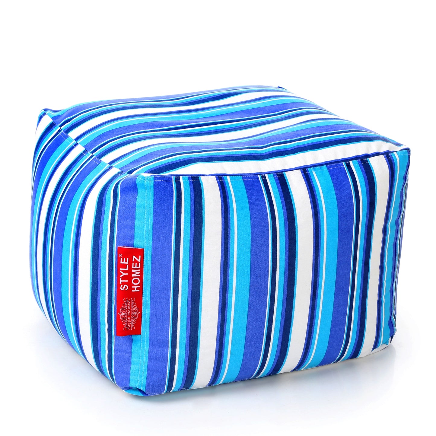Style Homez Square Ottoman, Cotton Canvas Stripes Printed Bean Bag Ottoman Stool Large Size Filled with Beans, Blue Color