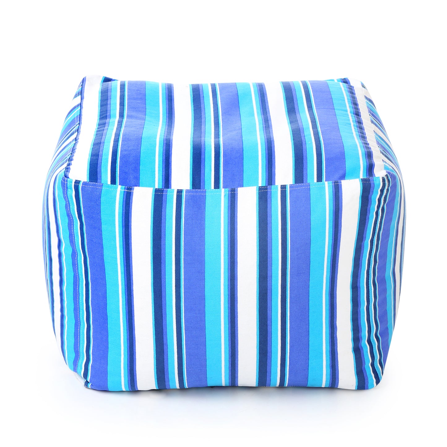 Style Homez Square Ottoman, Cotton Canvas Stripes Printed Bean Bag Ottoman Stool Large Size Filled with Beans, Blue Color