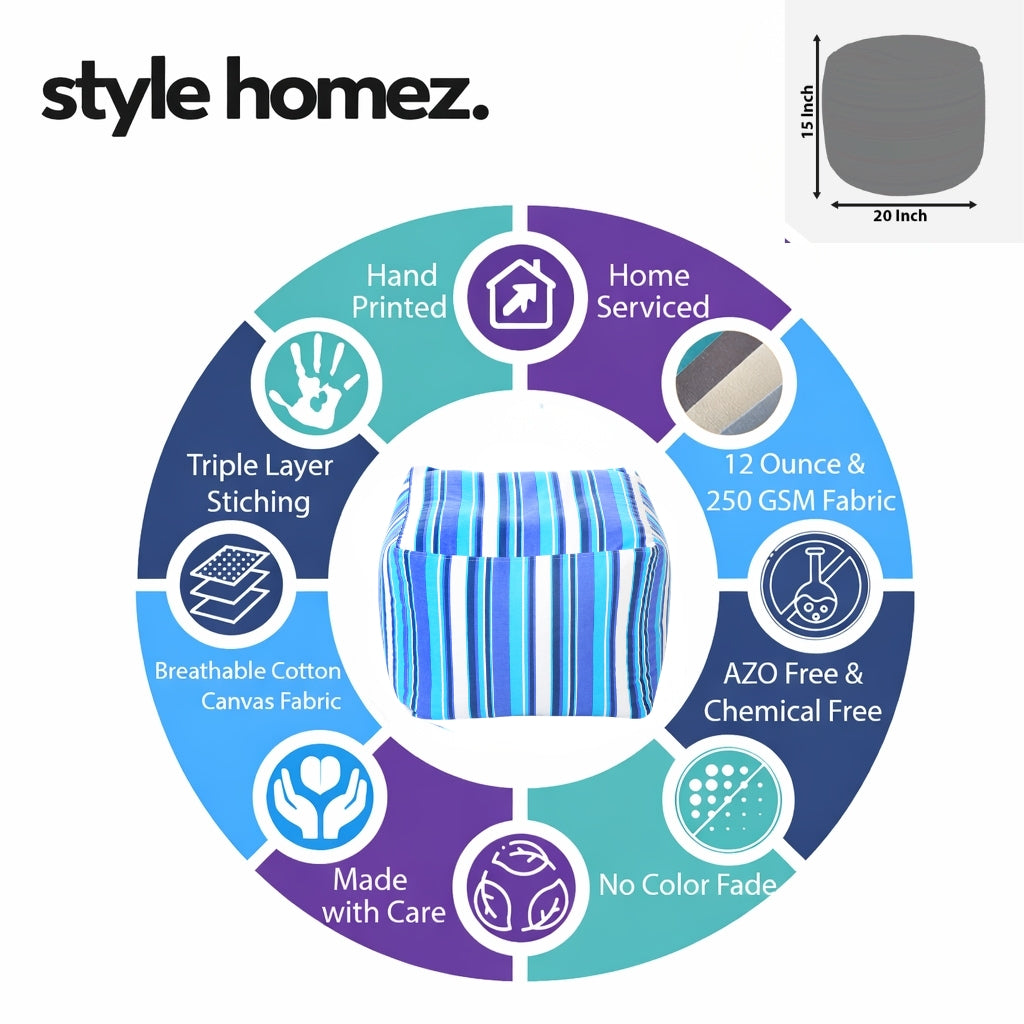 Style Homez Square Ottoman, Cotton Canvas Stripes Printed Bean Bag Ottoman Stool Large Size Filled with Beans, Blue Color