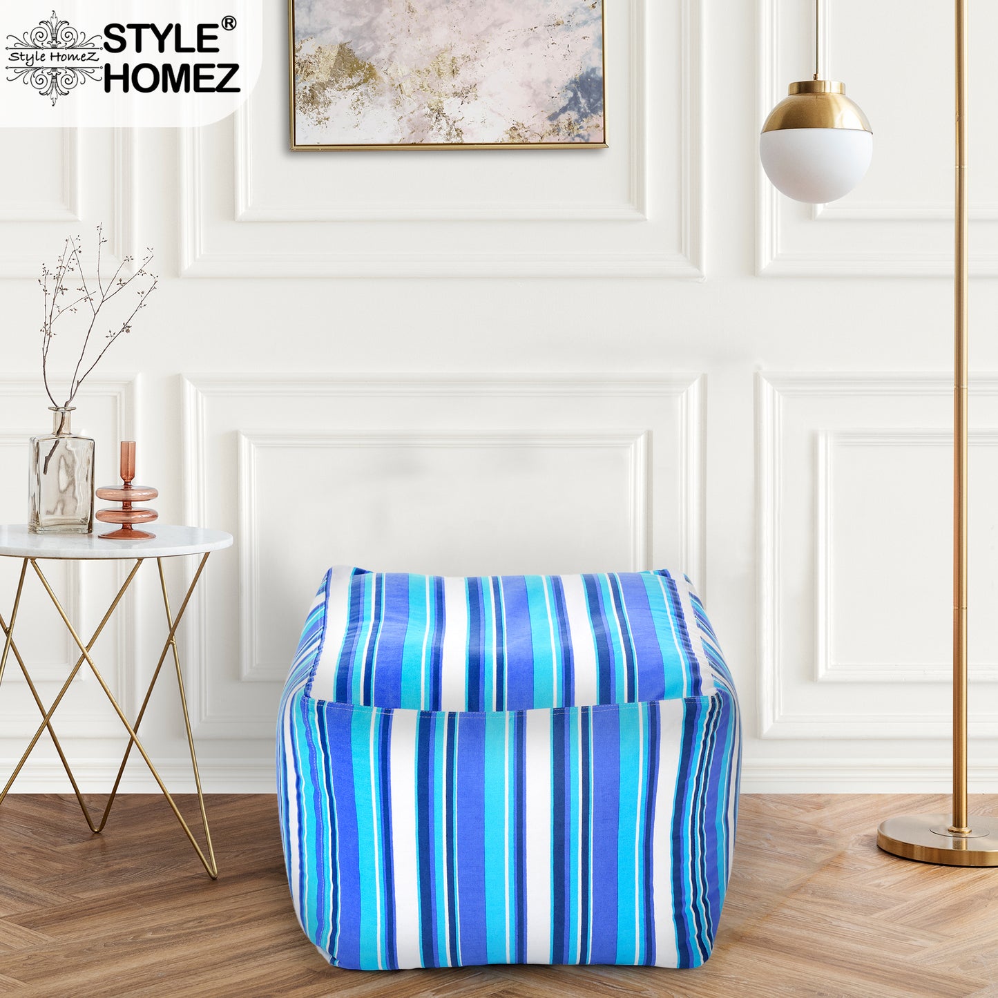 Style Homez Square Ottoman, Cotton Canvas Stripes Printed Bean Bag Ottoman Stool Large Size Filled with Beans, Blue Color