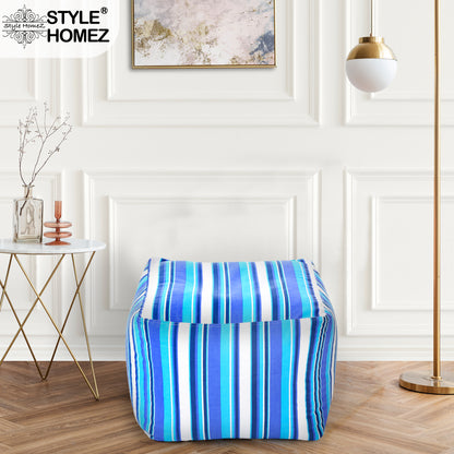 Style Homez Square Ottoman, Cotton Canvas Stripes Printed Bean Bag Ottoman Stool Large Size Filled with Beans, Blue Color