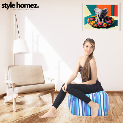 Style Homez Square Ottoman, Cotton Canvas Stripes Printed Bean Bag Ottoman Stool Large Size Filled with Beans, Blue Color