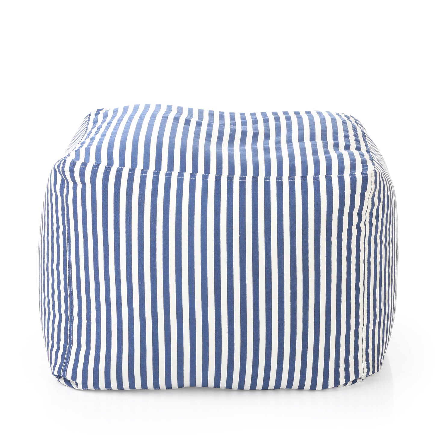 Style Homez Square Ottoman, Cotton Canvas Stripes Printed Bean Bag Ottoman Stool Large Size Filled with Beans, Navy Blue Color