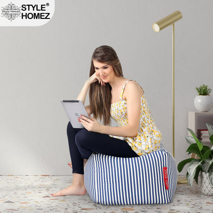 Style Homez Square Ottoman, Cotton Canvas Stripes Printed Bean Bag Ottoman Stool Large Size Filled with Beans, Navy Blue Color