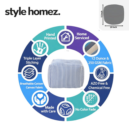 Style Homez Square Ottoman, Cotton Canvas Stripes Printed Bean Bag Ottoman Stool Large Size Filled with Beans, Navy Blue Color