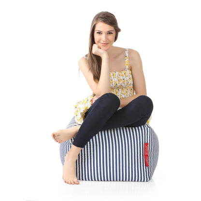Style Homez Square Ottoman, Cotton Canvas Stripes Printed Bean Bag Ottoman Stool Large Size Filled with Beans, Navy Blue Color