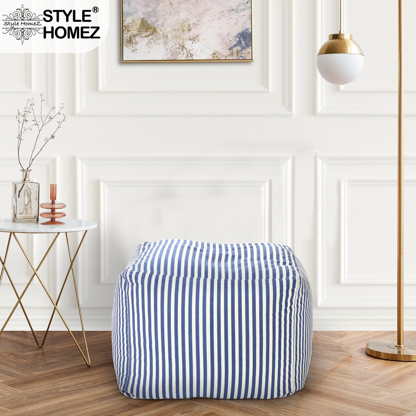 Style Homez Square Ottoman, Cotton Canvas Stripes Printed Bean Bag Ottoman Stool Large Size Filled with Beans, Navy Blue Color