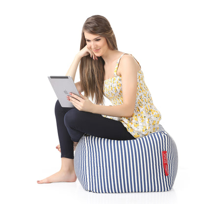 Style Homez Square Ottoman, Cotton Canvas Stripes Printed Bean Bag Ottoman Stool Large Size Filled with Beans, Navy Blue Color