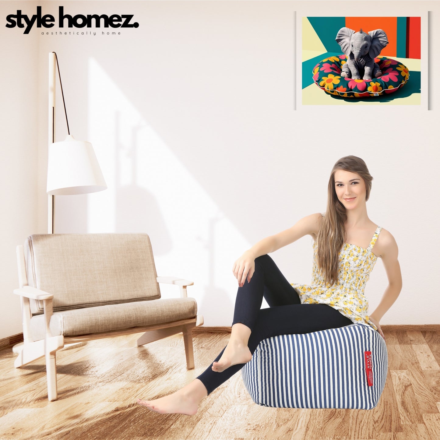 Style Homez Square Ottoman, Cotton Canvas Stripes Printed Bean Bag Ottoman Stool Large Size Filled with Beans, Navy Blue Color