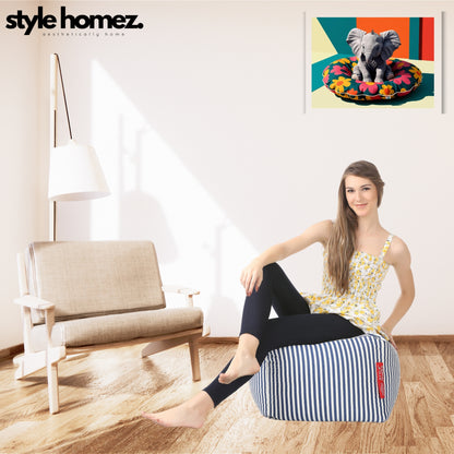 Style Homez Square Ottoman, Cotton Canvas Stripes Printed Bean Bag Ottoman Stool Large Size Filled with Beans, Navy Blue Color