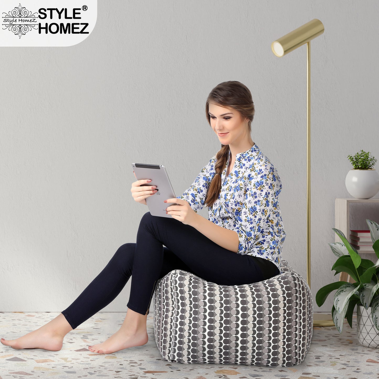 Style Homez Square Ottoman, Cotton Canvas Polka Dots Printed Bean Bag Ottoman Stool Large Size Filled with Beans, Grey Color