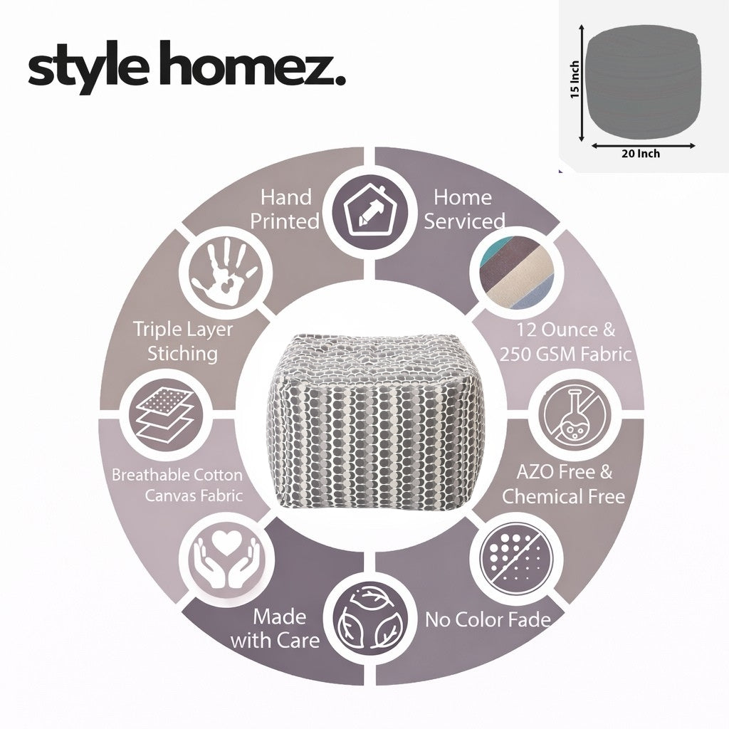 Style Homez Square Ottoman, Cotton Canvas Polka Dots Printed Bean Bag Ottoman Stool Large Size Filled with Beans, Grey Color