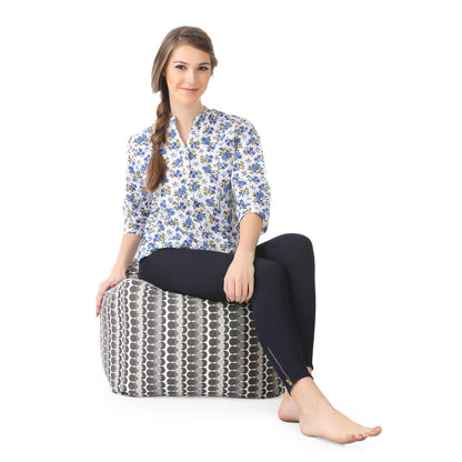 Style Homez Square Ottoman, Cotton Canvas Polka Dots Printed Bean Bag Ottoman Stool Large Size Filled with Beans, Grey Color