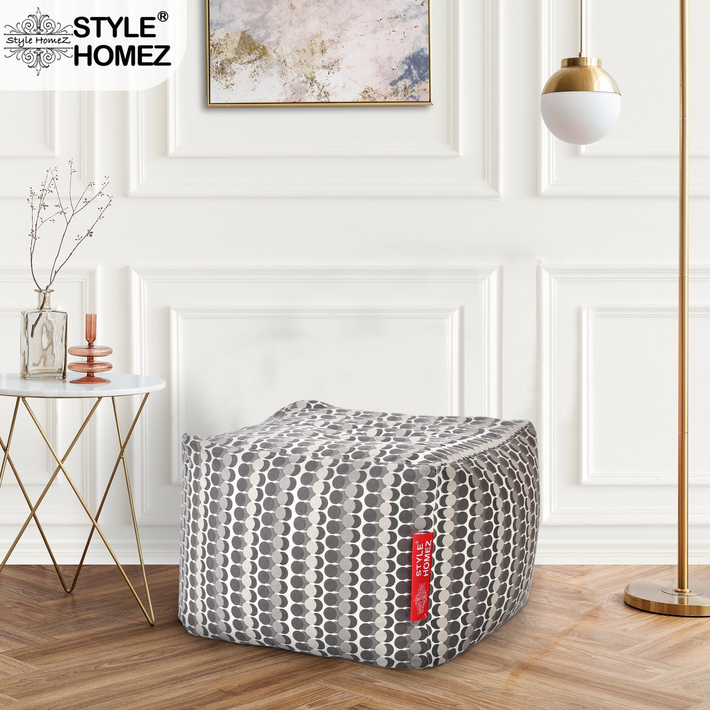 Style Homez Square Ottoman, Cotton Canvas Polka Dots Printed Bean Bag Ottoman Stool Large Size Filled with Beans, Grey Color