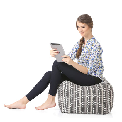 Style Homez Square Ottoman, Cotton Canvas Polka Dots Printed Bean Bag Ottoman Stool Large Size Filled with Beans, Grey Color