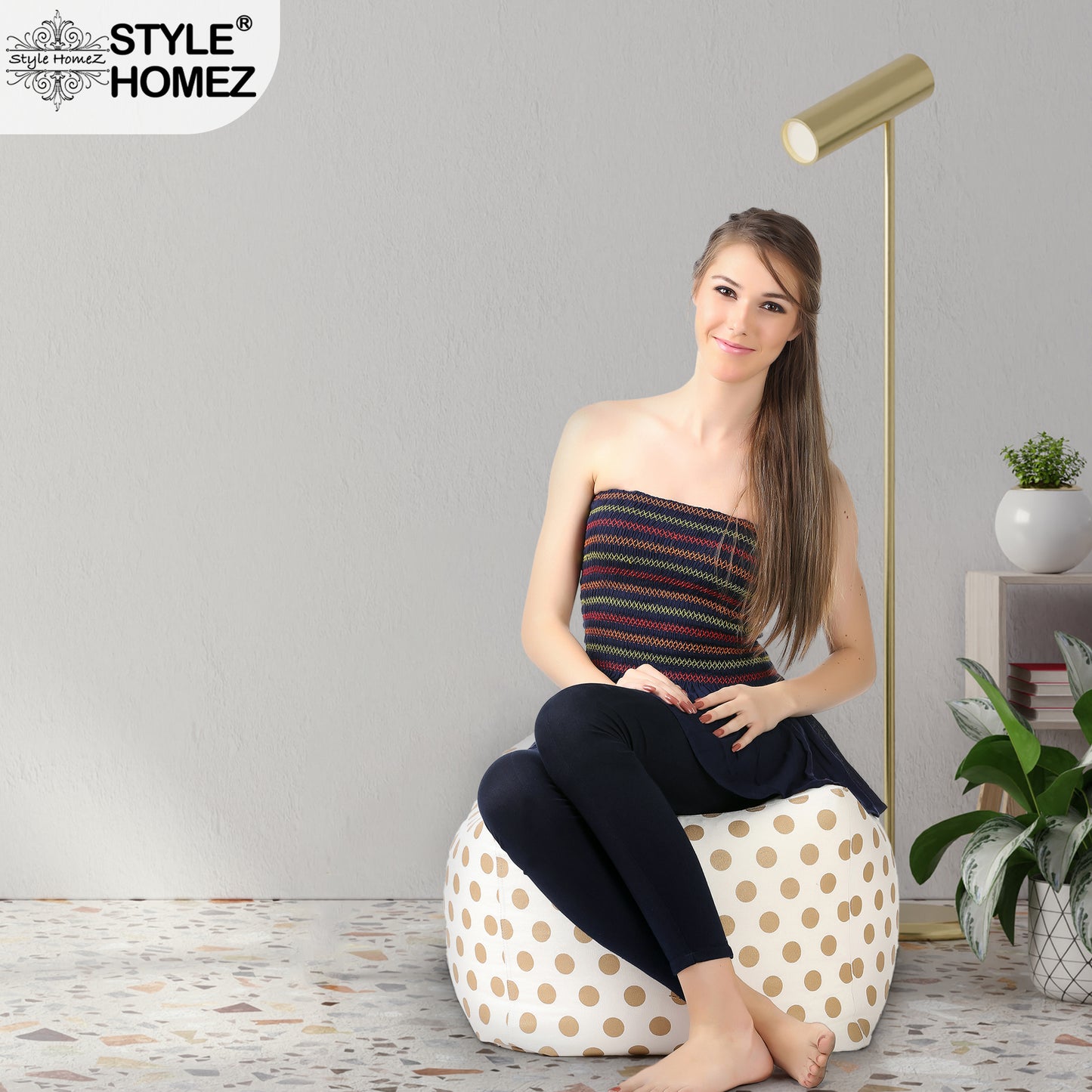 Style Homez Square Ottoman, Cotton Canvas Polka Dots Printed Bean Bag Ottoman Stool Large Size Filled with Beans, Gold Color