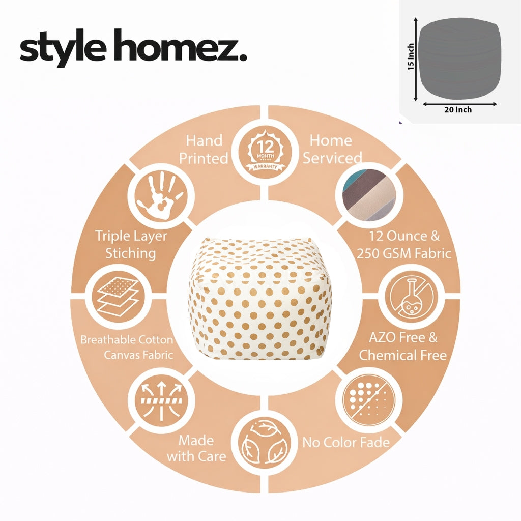 Style Homez Square Ottoman, Cotton Canvas Polka Dots Printed Bean Bag Ottoman Stool Large Size Filled with Beans, Gold Color