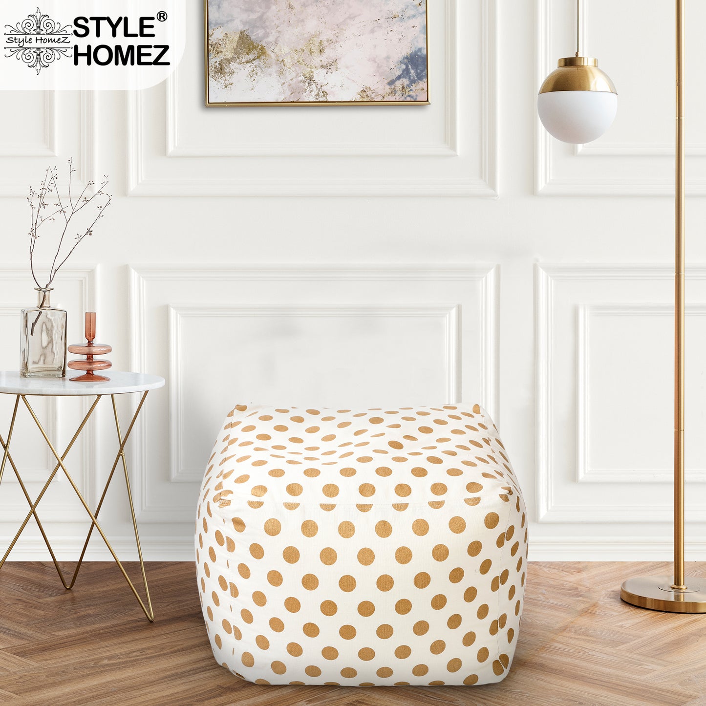 Style Homez Square Ottoman, Cotton Canvas Polka Dots Printed Bean Bag Ottoman Stool Large Size Filled with Beans, Gold Color