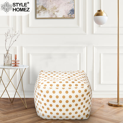 Style Homez Square Ottoman, Cotton Canvas Polka Dots Printed Bean Bag Ottoman Stool Large Size Filled with Beans, Gold Color