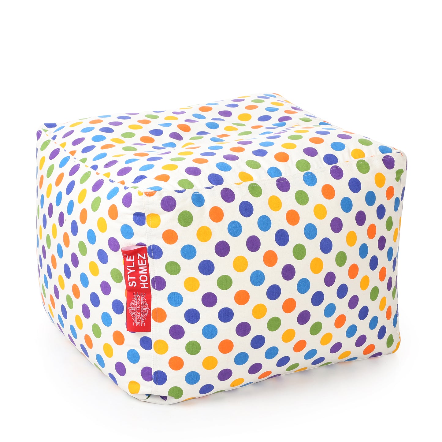 Style Homez Square Ottoman, Cotton Canvas Polka Dots Printed Bean Bag Ottoman Stool Large Size Filled with Beans, Multi Color