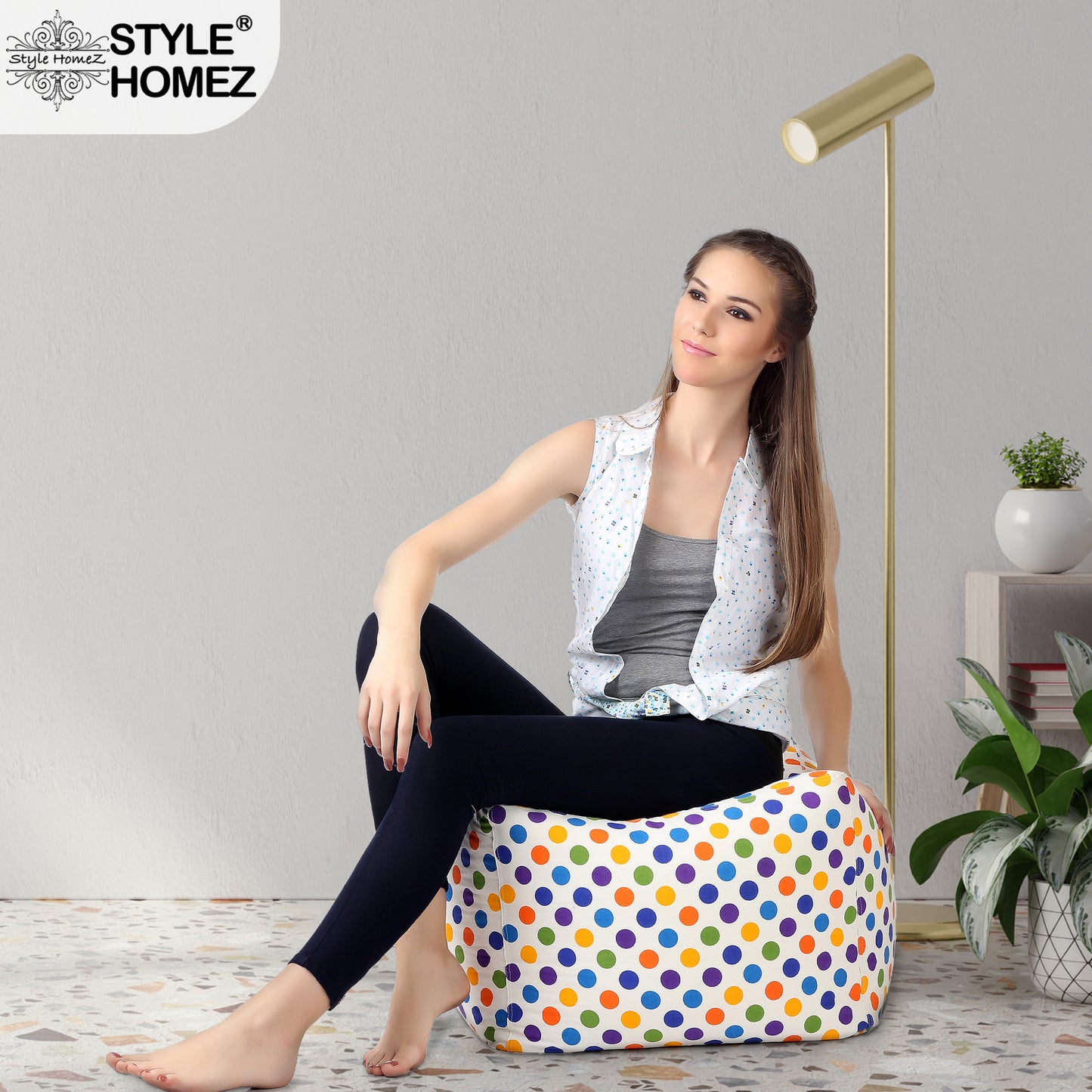 Style Homez Square Ottoman, Cotton Canvas Polka Dots Printed Bean Bag Ottoman Stool Large Size Filled with Beans, Multi Color