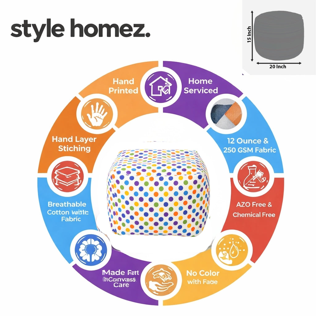 Style Homez Square Ottoman, Cotton Canvas Polka Dots Printed Bean Bag Ottoman Stool Large Size Filled with Beans, Multi Color