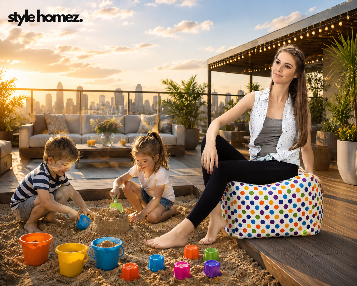Style Homez Square Ottoman, Cotton Canvas Polka Dots Printed Bean Bag Ottoman Stool Large Size Filled with Beans, Multi Color