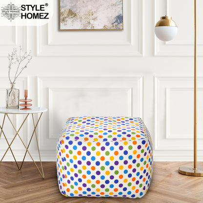Style Homez Square Ottoman, Cotton Canvas Polka Dots Printed Bean Bag Ottoman Stool Large Size Filled with Beans, Multi Color