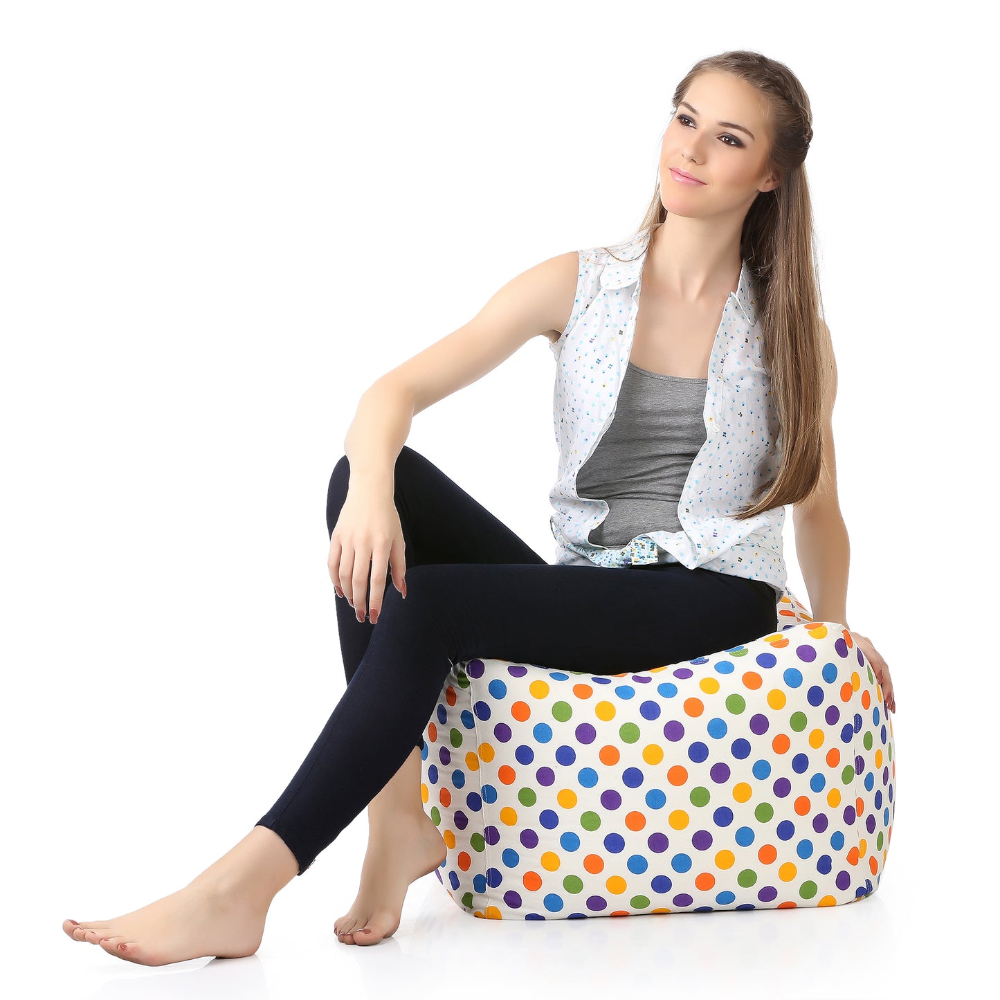 Style Homez Square Ottoman, Cotton Canvas Polka Dots Printed Bean Bag Ottoman Stool Large Size Filled with Beans, Multi Color