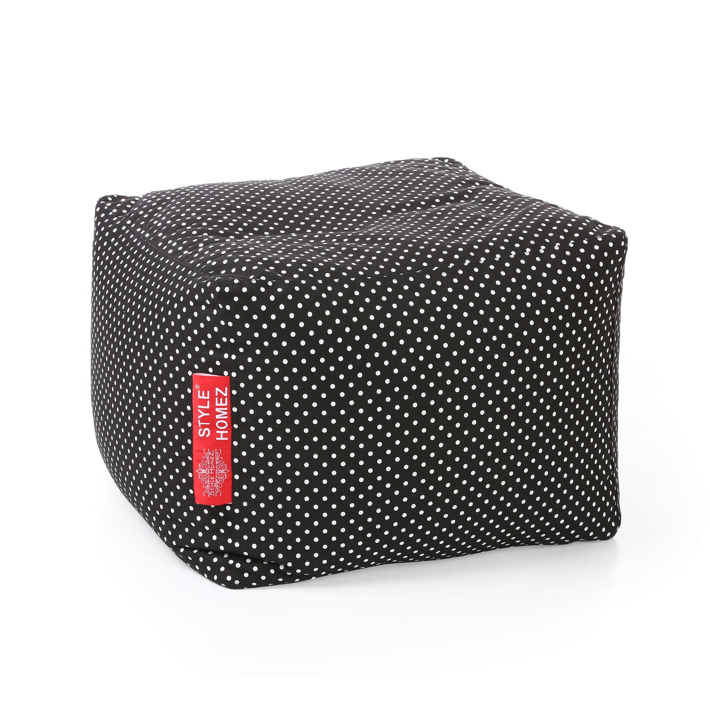 Style Homez Square Ottoman, Cotton Canvas Polka Dots Printed Bean Bag Ottoman Stool Large Size Filled with Beans, Black Color