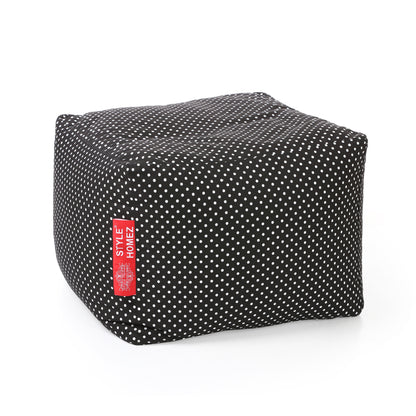 Style Homez Square Ottoman, Cotton Canvas Polka Dots Printed Bean Bag Ottoman Stool Large Size Filled with Beans, Black Color