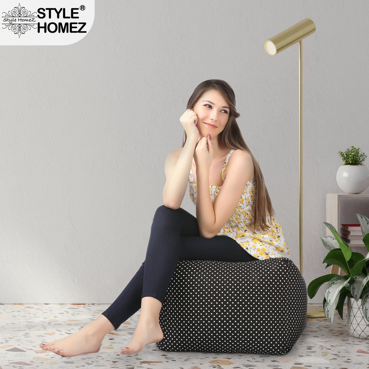 Style Homez Square Ottoman, Cotton Canvas Polka Dots Printed Bean Bag Ottoman Stool Large Size Filled with Beans, Black Color