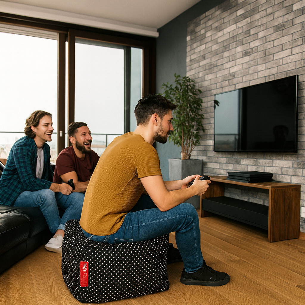 Style Homez Square Ottoman, Cotton Canvas Polka Dots Printed Bean Bag Ottoman Stool Large Size Filled with Beans, Black Color