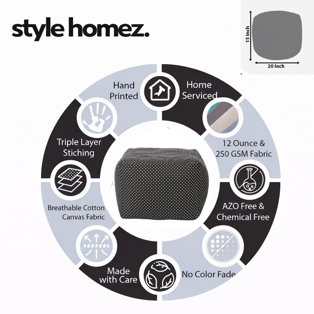 Style Homez Square Ottoman, Cotton Canvas Polka Dots Printed Bean Bag Ottoman Stool Large Size Filled with Beans, Black Color