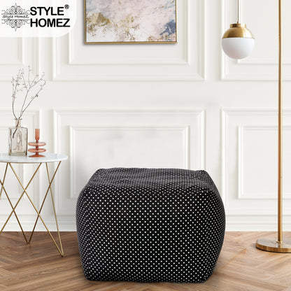 Style Homez Square Ottoman, Cotton Canvas Polka Dots Printed Bean Bag Ottoman Stool Large Size Filled with Beans, Black Color