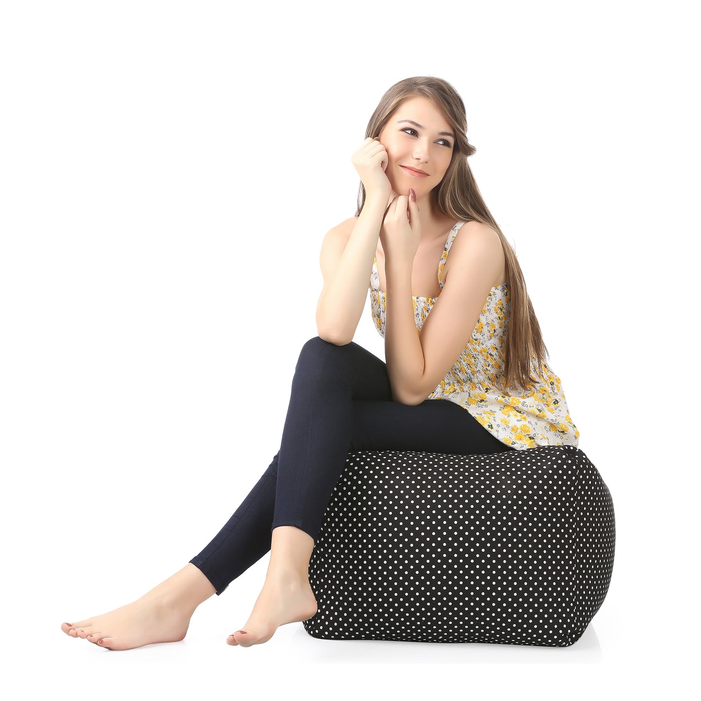 Style Homez Square Ottoman, Cotton Canvas Polka Dots Printed Bean Bag Ottoman Stool Large Size Filled with Beans, Black Color